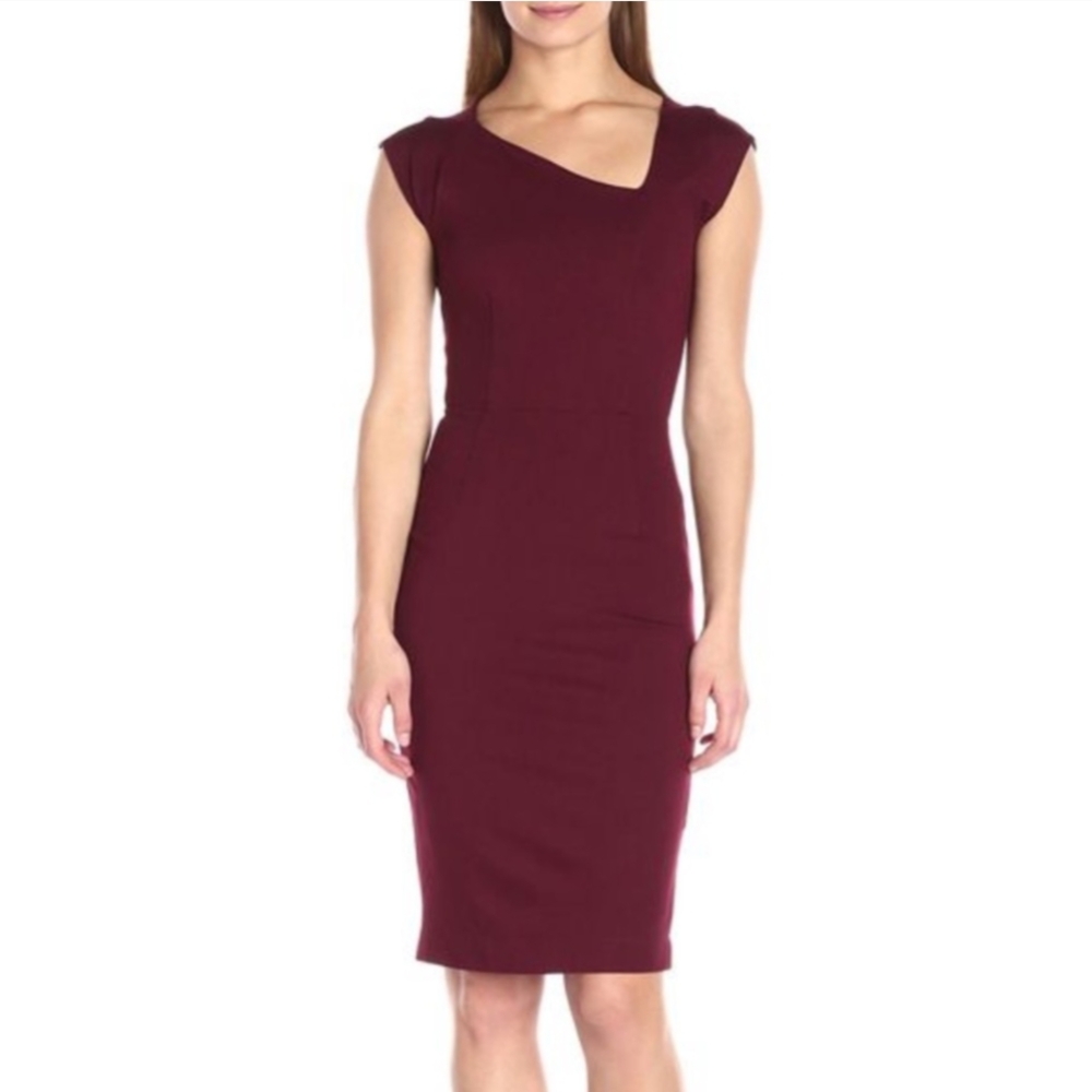 French Connection Red Pleated Sheath Midi Dress